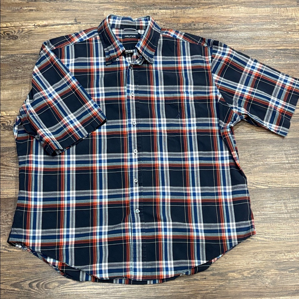 Nautica Men's Casual Plaid Shirt in Navy, Red, and White